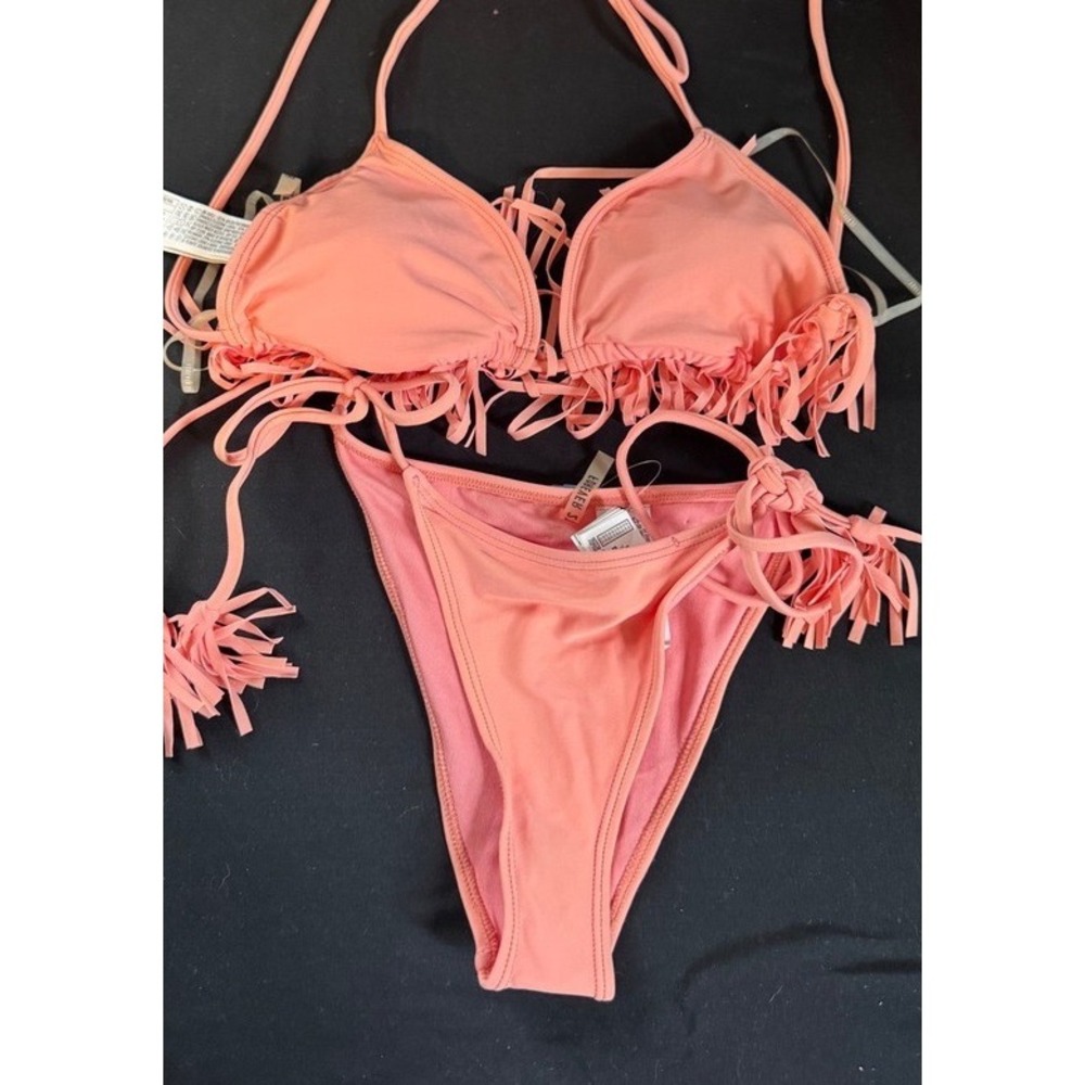 Forever 21 Coral Pink Fringe Triangle Bikini Set‎ Two Piece Swimwear Small NWT